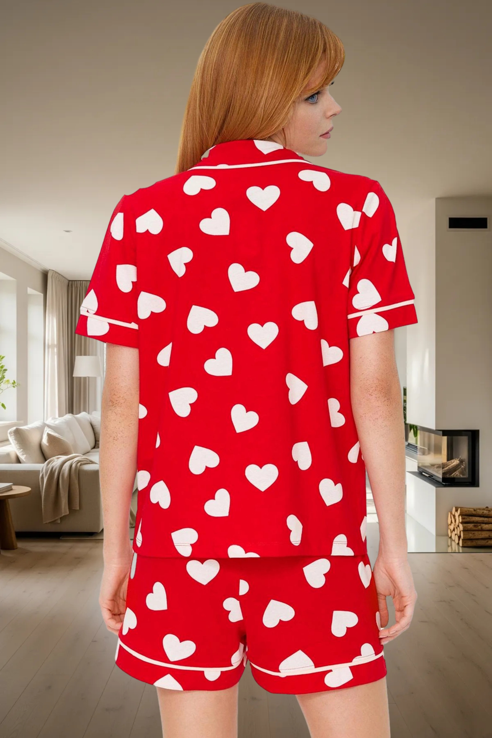 Yazlık %100 Pamuklu Pijama Takımı Kalpli Desenli Kısa Şort ve Gömlek Zarifane Tasarım