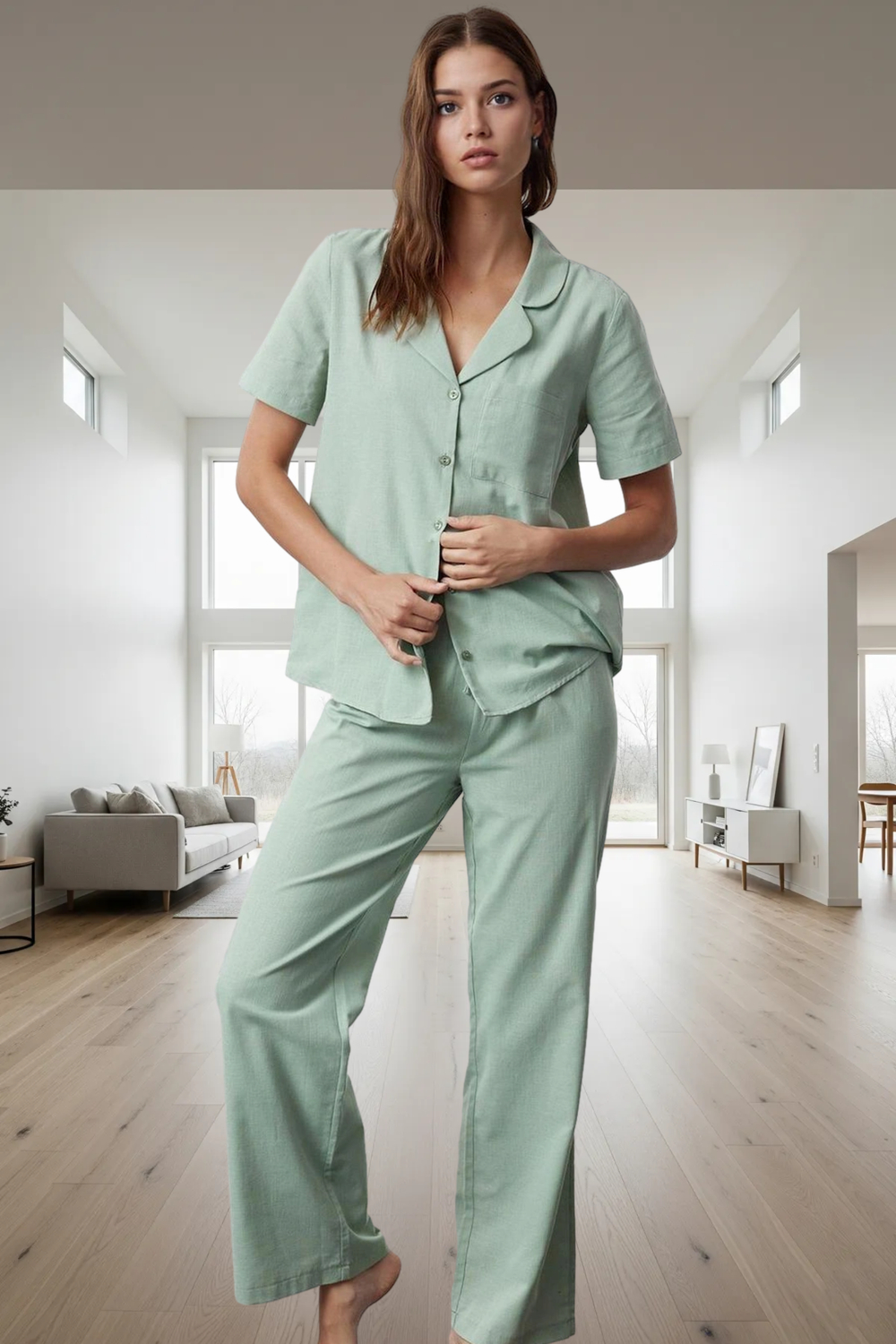 2'li Pamuklu Pijama Takımı Regular Kalıp Flamlı Pamuk Kumaş Ev Konforu Rahat Kullanım
