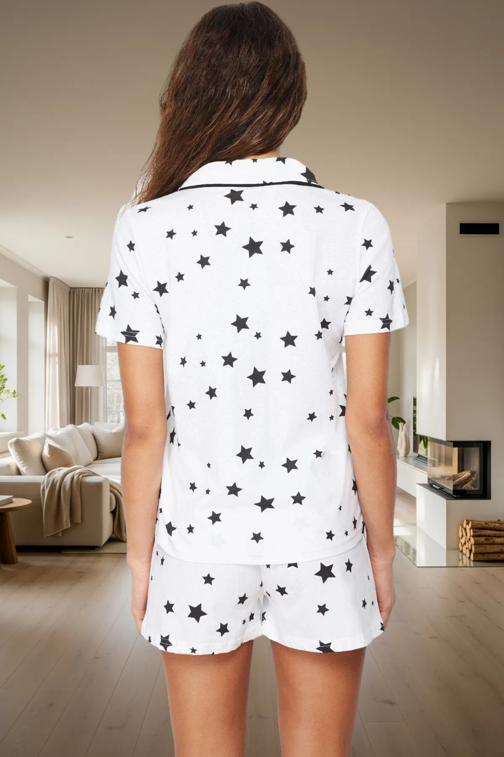 Rahat %100 Pamuk Pijama Takımı Yıldız Desenli Boru Paça Regular Kalıp Özenle Seçilmiş
