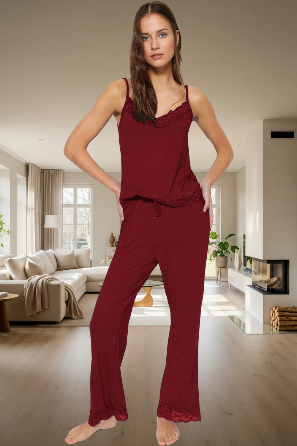Kadın Viskon Dantel Detaylı Lounge Pijama Takımı Fonksiyonel Dayanıklı Kaliteli Konforlu Şık