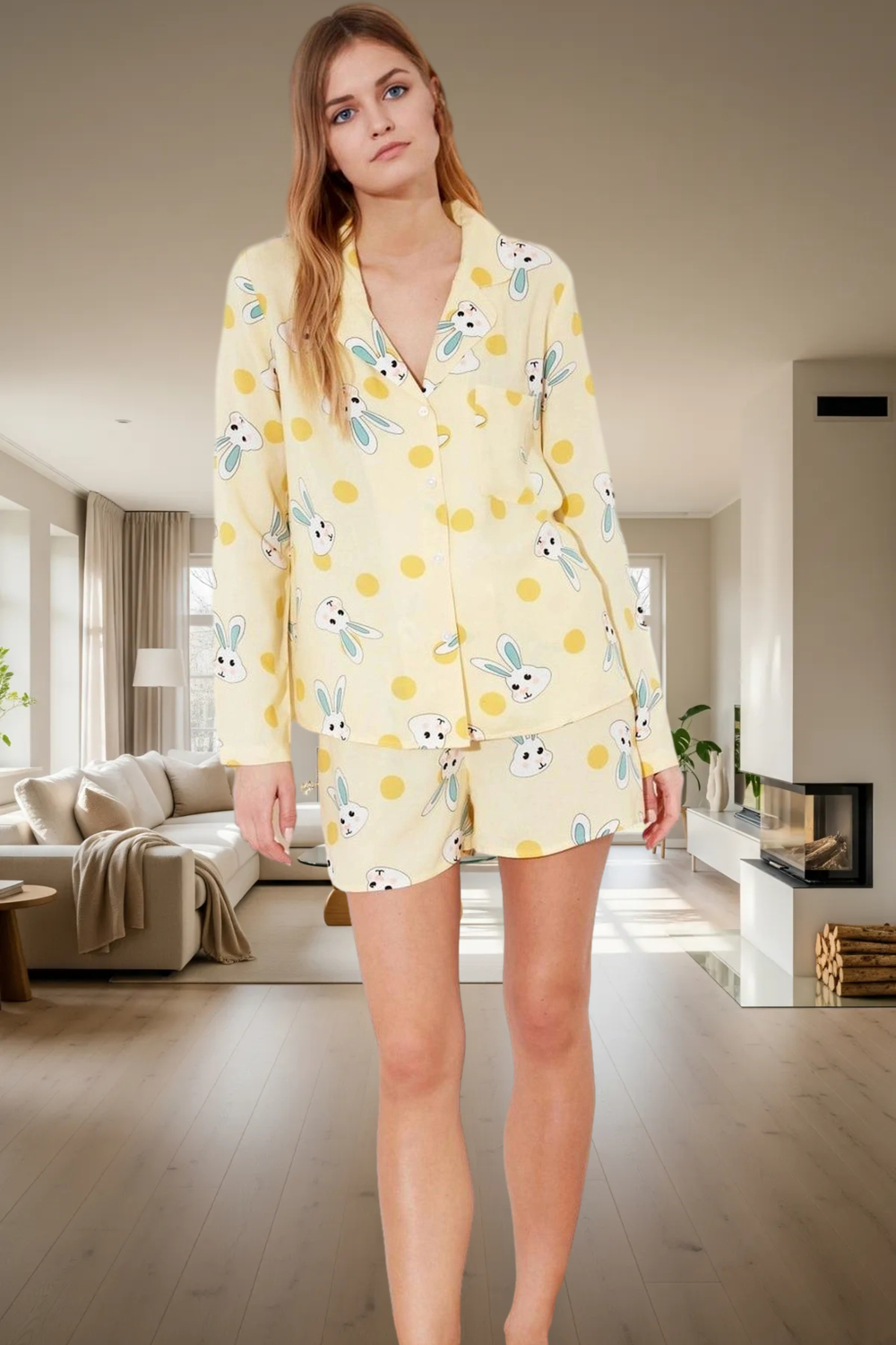 Rahat Viskoz Pijama Takımı Tavşan Desenli Şortlu Düğmeli Boru Paça Evde Konfor