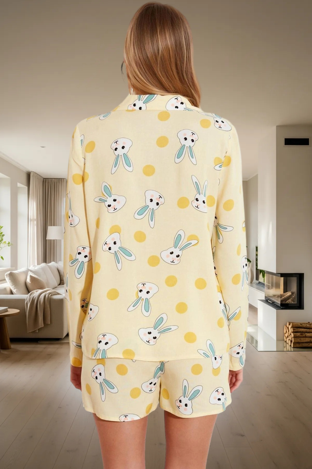 Rahat Viskoz Pijama Takımı Tavşan Desenli Şortlu Düğmeli Boru Paça Evde Konfor