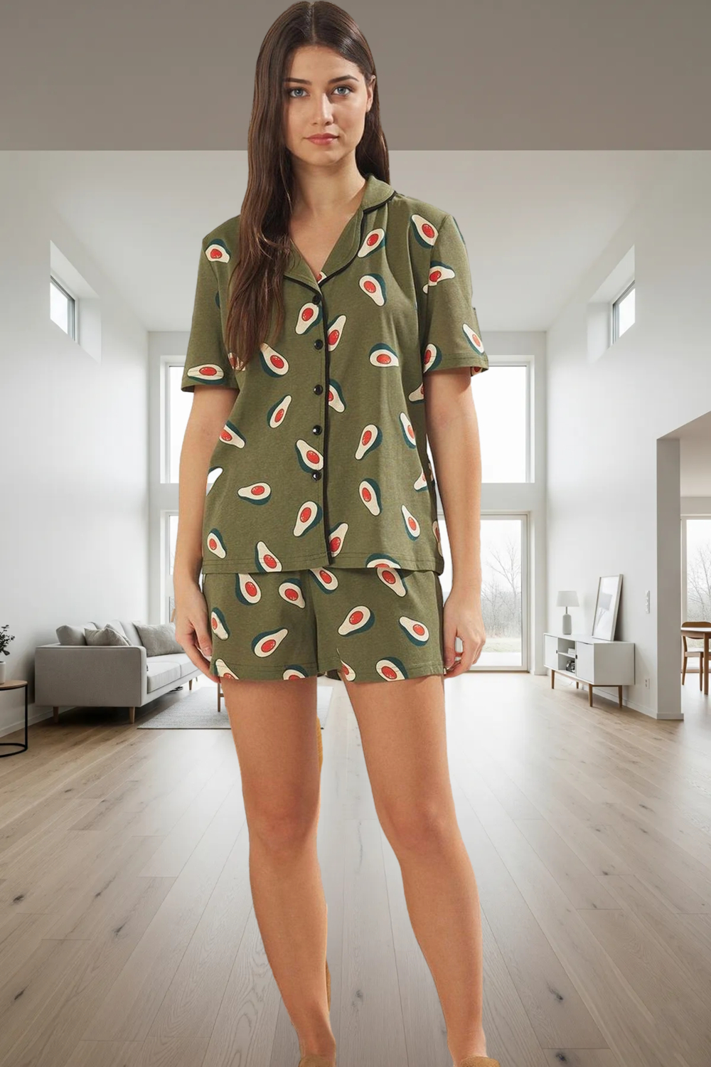Avokado Desenli %100 Pamuklu Rahat Pijama Takımı Kaliteli İşçilik Şık Görünüm Trend Tasarım