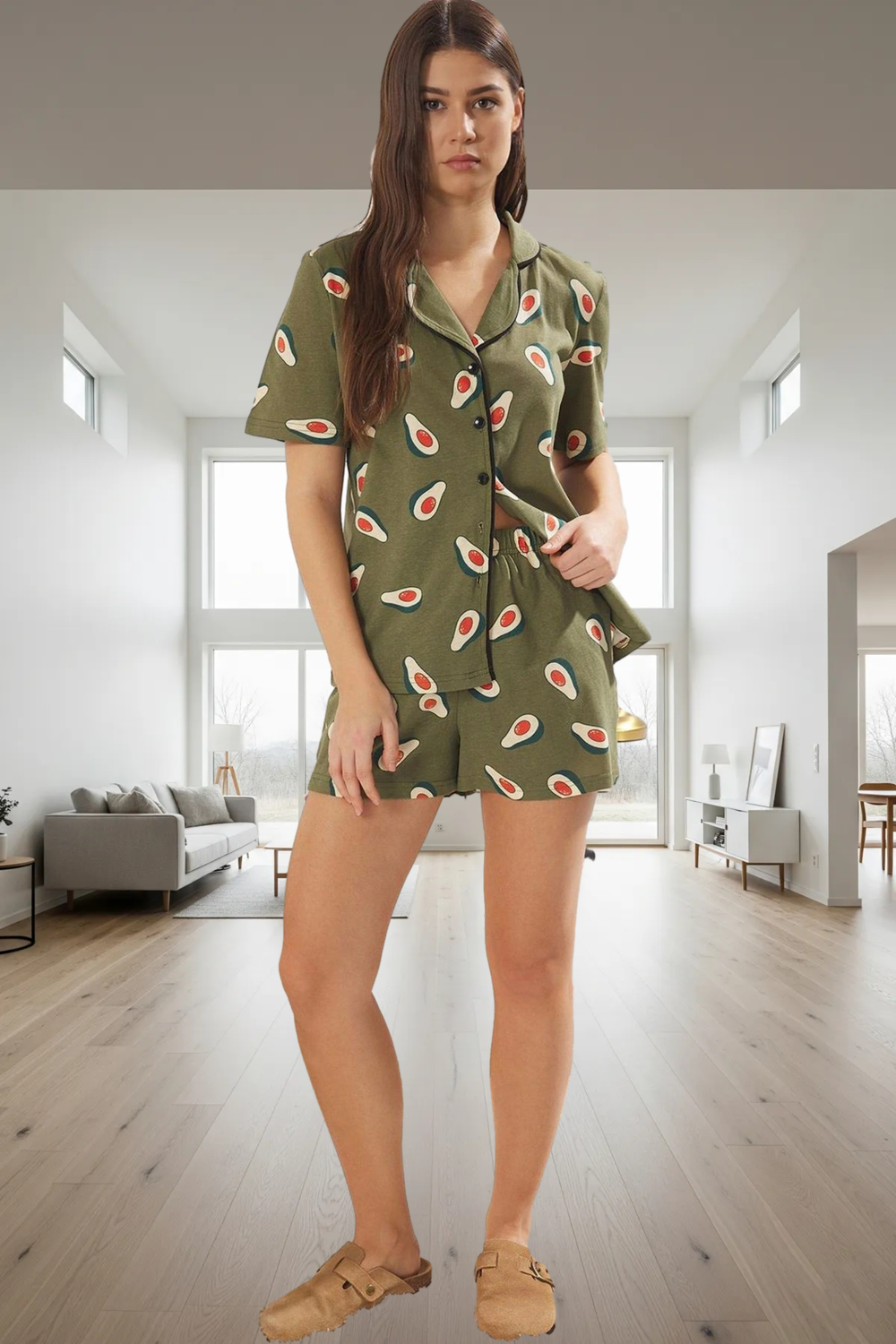 Avokado Desenli %100 Pamuklu Rahat Pijama Takımı Kaliteli İşçilik Şık Görünüm Trend Tasarım