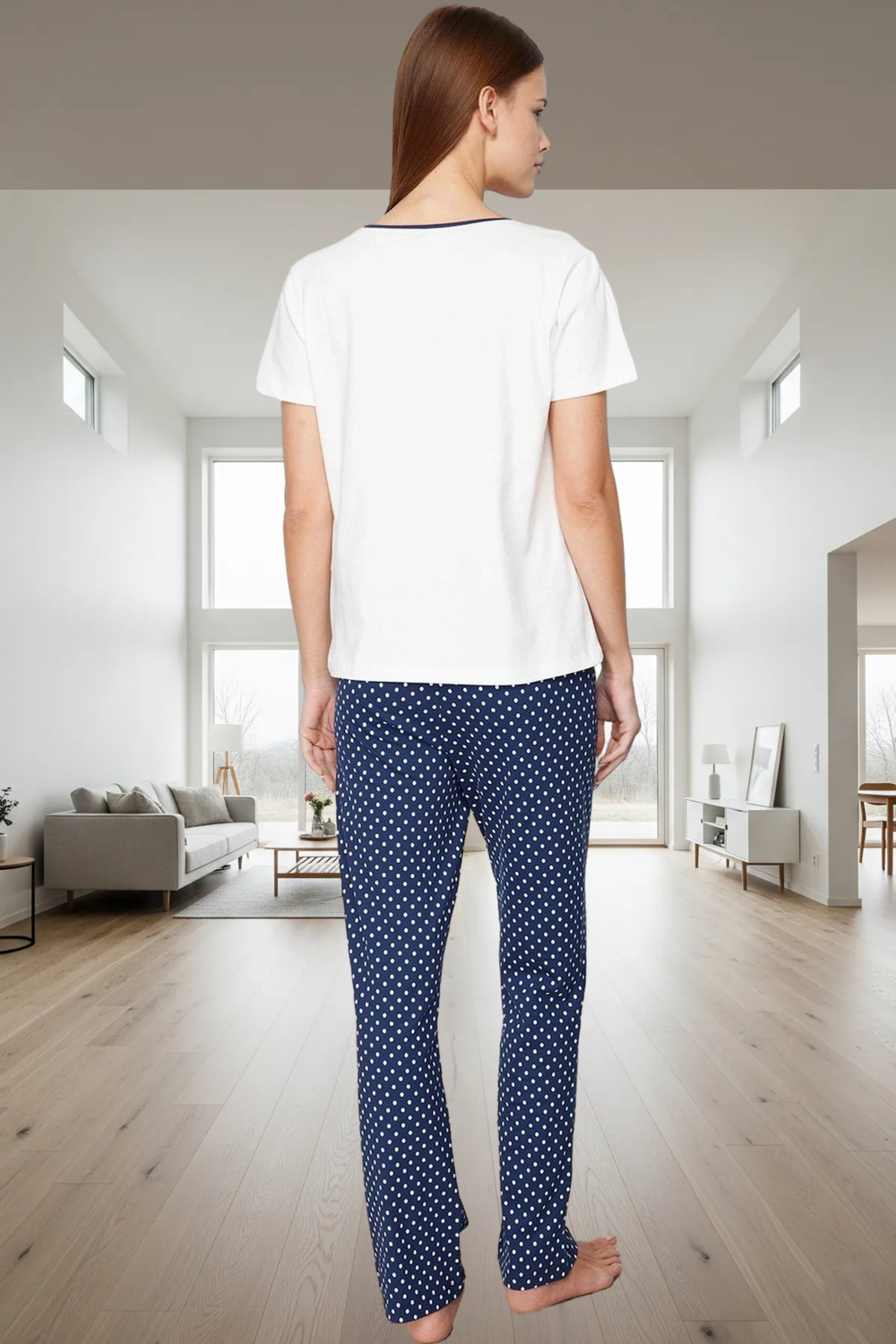 Puantiyeli Pamuk Pijama Takımı Rahat Nefes Alabilir 2'li Tüm Sezonlar İçin Seçkin Malzeme