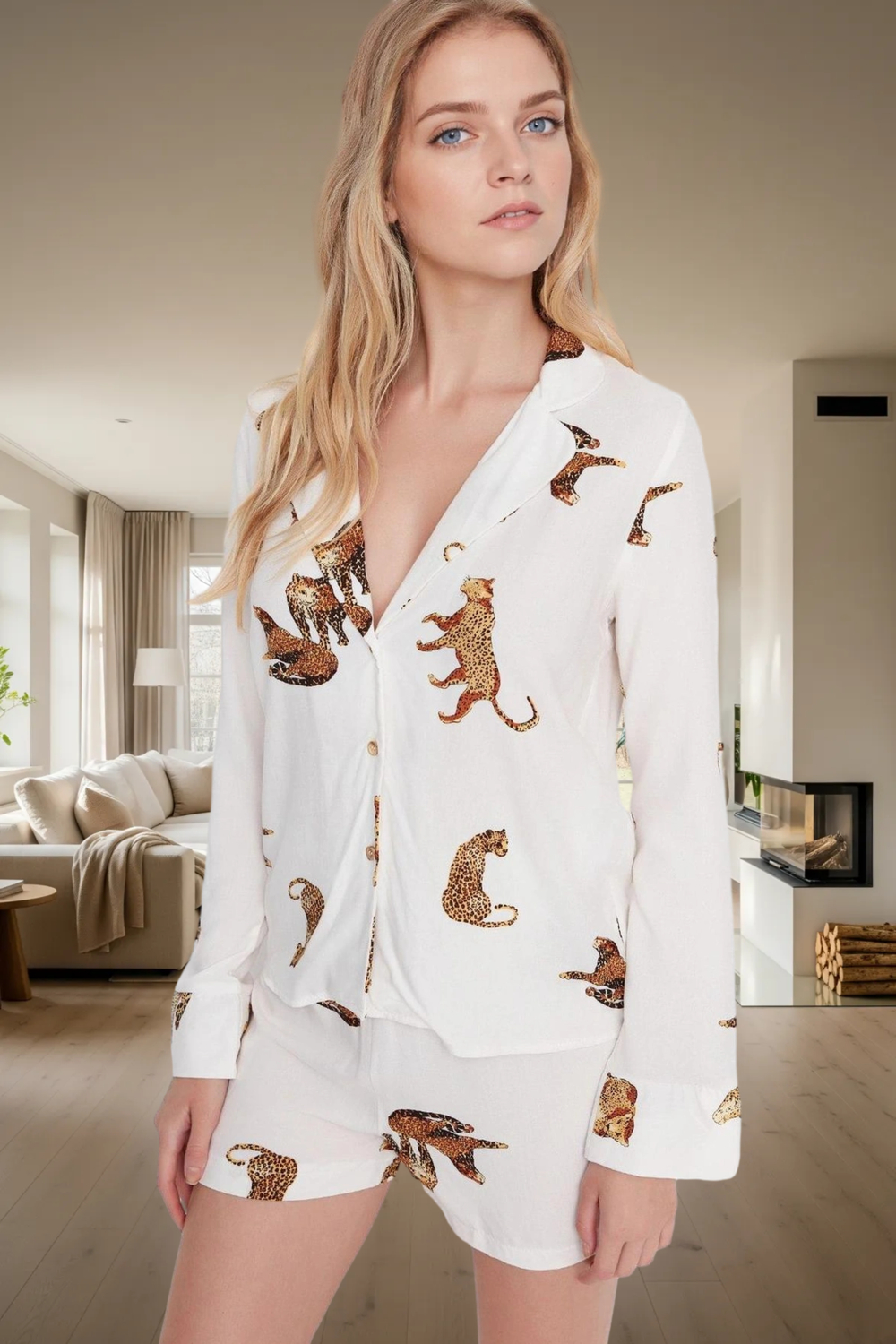 Rahat ve Şık 100% Viskon Kaplan Desenli Pijama Takımı Uzun Ömürlü Görünüm Günlük Kullanım İçin