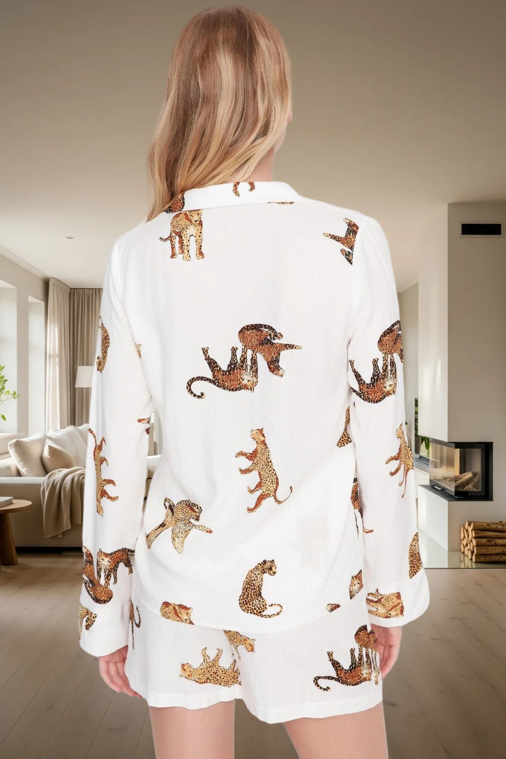 Rahat ve Şık 100% Viskon Kaplan Desenli Pijama Takımı Uzun Ömürlü Görünüm Günlük Kullanım İçin