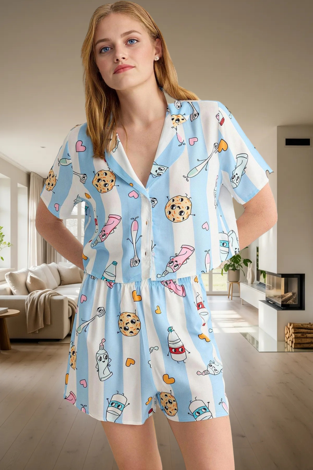 Kadın Baskılı Viskon Gömlek Şort Pijama Takımı Fonksiyonel Dayanıklı Kaliteli Konforlu Şık