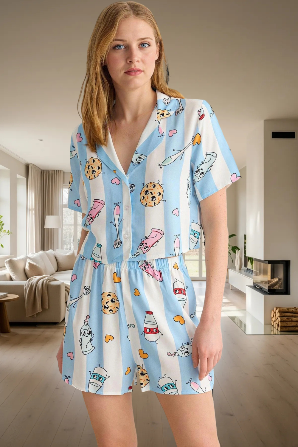 Kadın Baskılı Viskon Gömlek Şort Pijama Takımı Fonksiyonel Dayanıklı Kaliteli Konforlu Şık