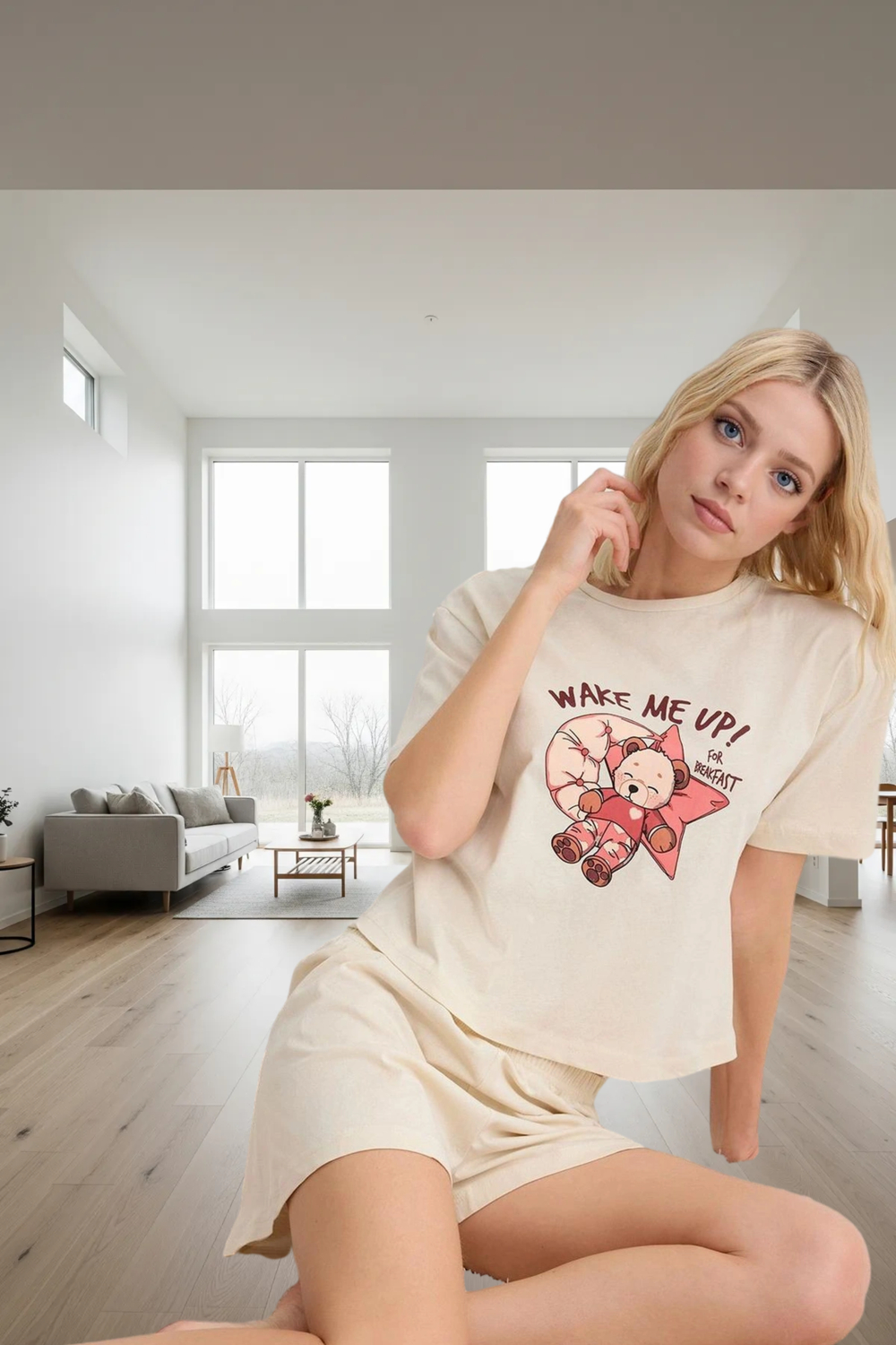 Ayıcıklı Pijama Takımı %100 Pamuk Kısa Kollu Rahat Kalıp Yazlık Uzun Ömürlü Konforlu Kesim