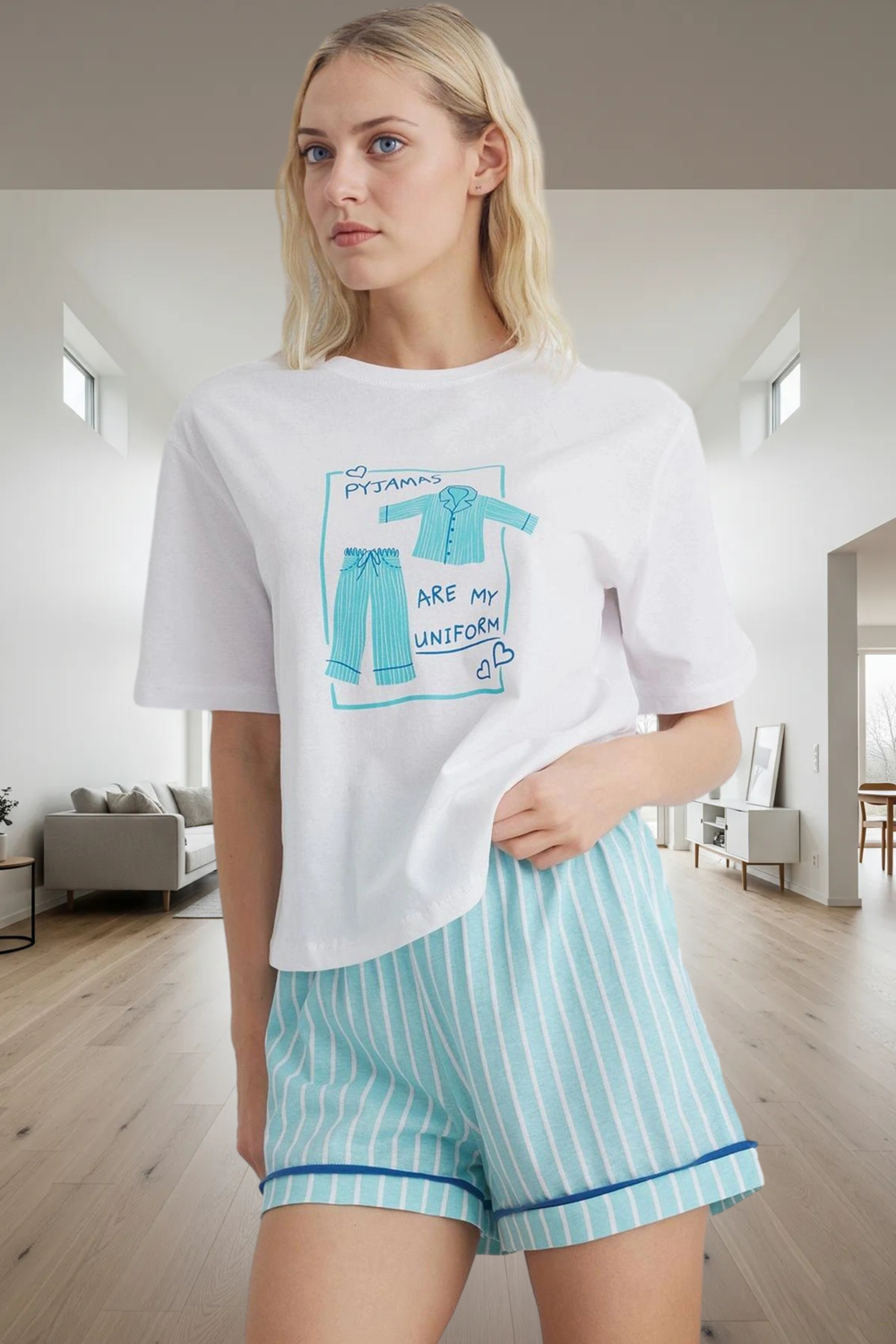Şortlu Pijama Takımı %100 Pamuk Rahat Yazlık Çizgili Dayanıklı Malzeme