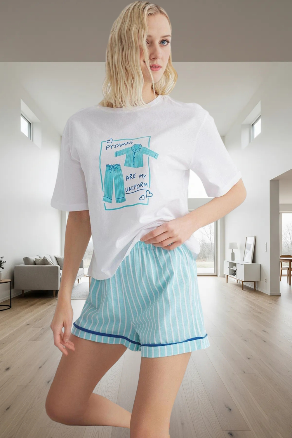 Şortlu Pijama Takımı %100 Pamuk Rahat Yazlık Çizgili Dayanıklı Malzeme