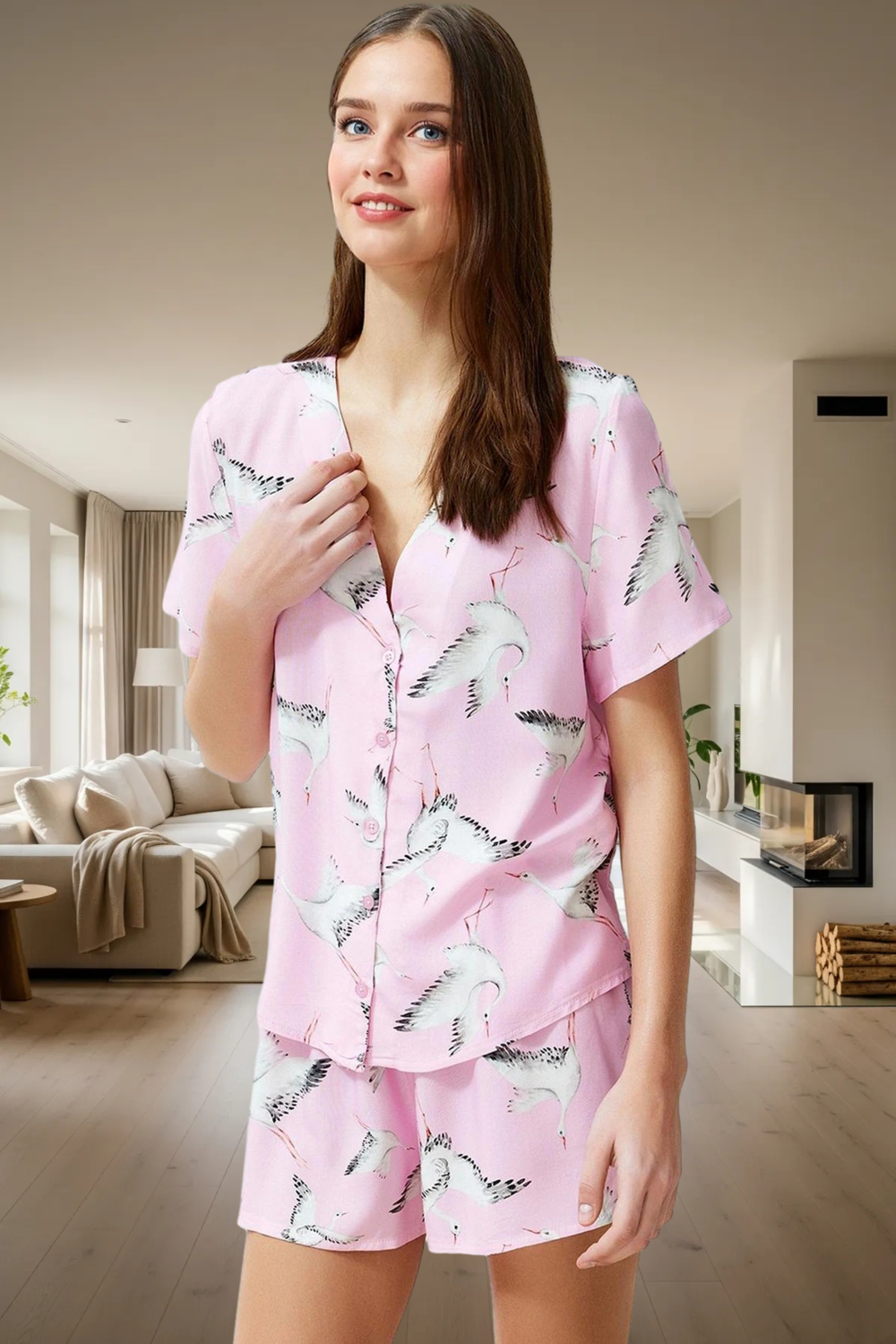 Viskon Pijama Takımı Leylek Desenli Kısa Kollu Şortlu Rahat Kalıp Premium Kalite