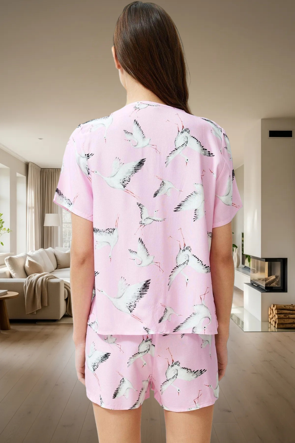 Viskon Pijama Takımı Leylek Desenli Kısa Kollu Şortlu Rahat Kalıp Premium Kalite