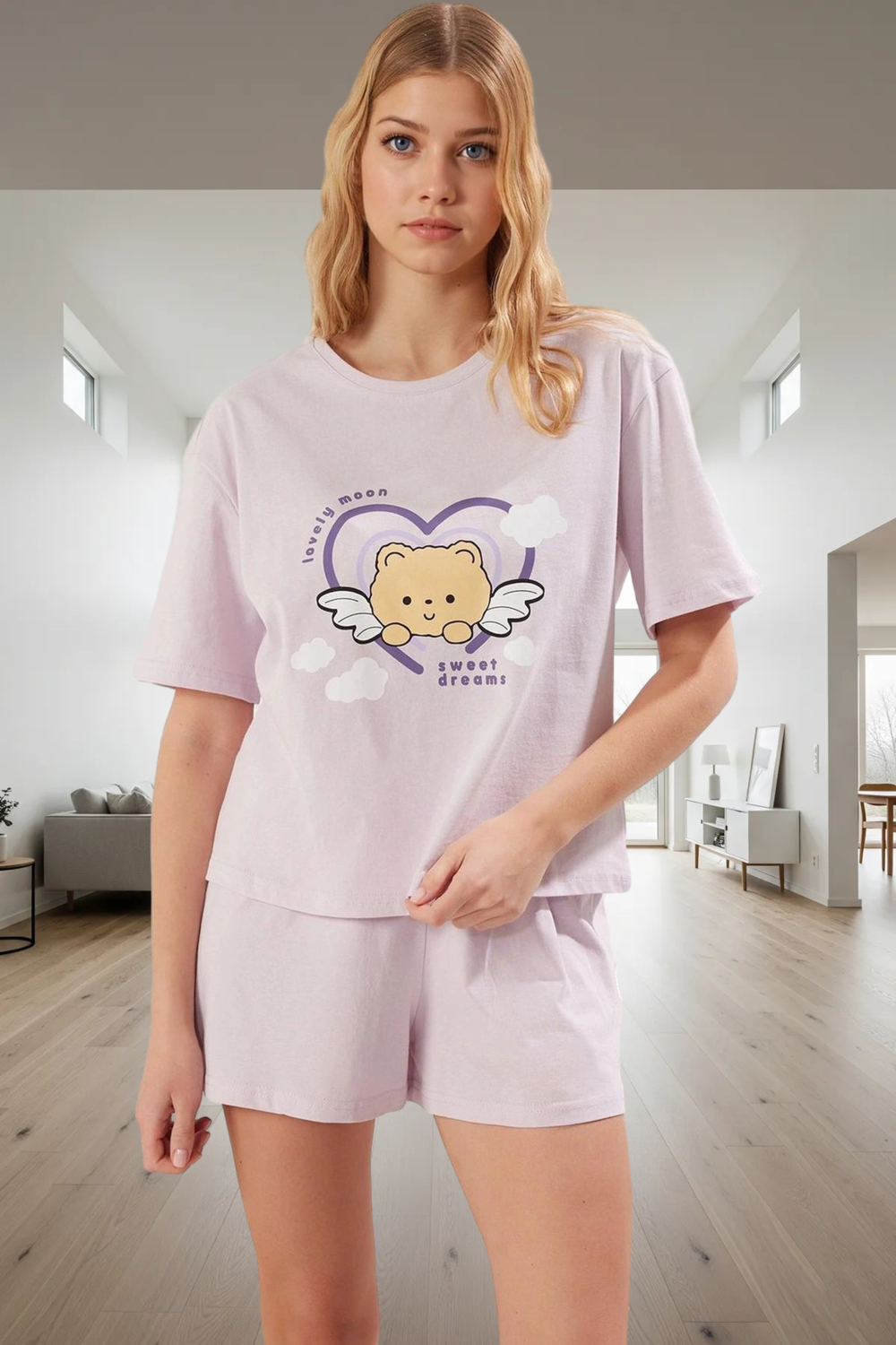 Yazlık %100 Pamuk Pijama Takımı Ayıcıklı Şortlu Tasarım Rahat Kesim Trend
