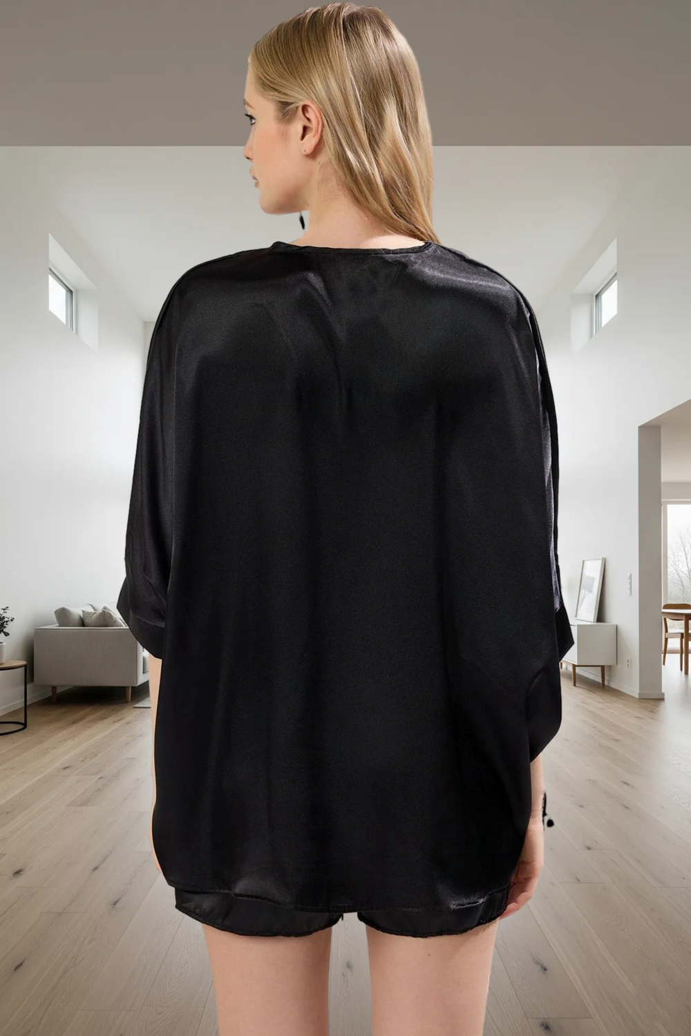 100 Polyester Saten Pijama Takımı Rahat Şal Yaka Boru Paça Modern Stil Yüksek Kalite