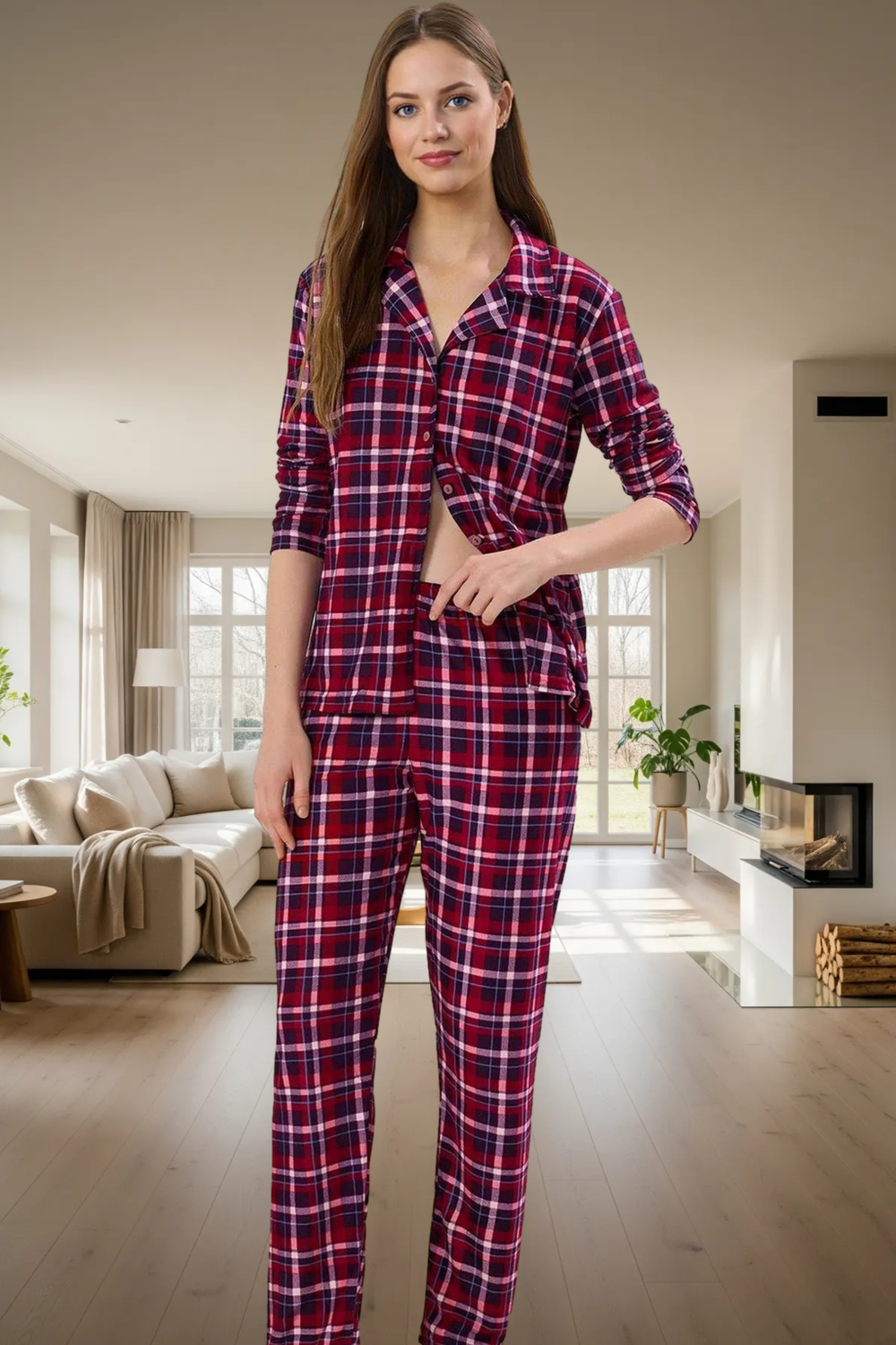 Kadin Kirmizi Ekose Pijama Takımı Gömlek Yaka Uzun Kollu Fonksiyonel Dayanıklı Kaliteli Şık
