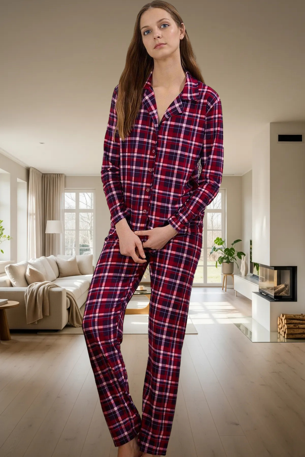 Kadin Kirmizi Ekose Pijama Takımı Gömlek Yaka Uzun Kollu Fonksiyonel Dayanıklı Kaliteli Şık