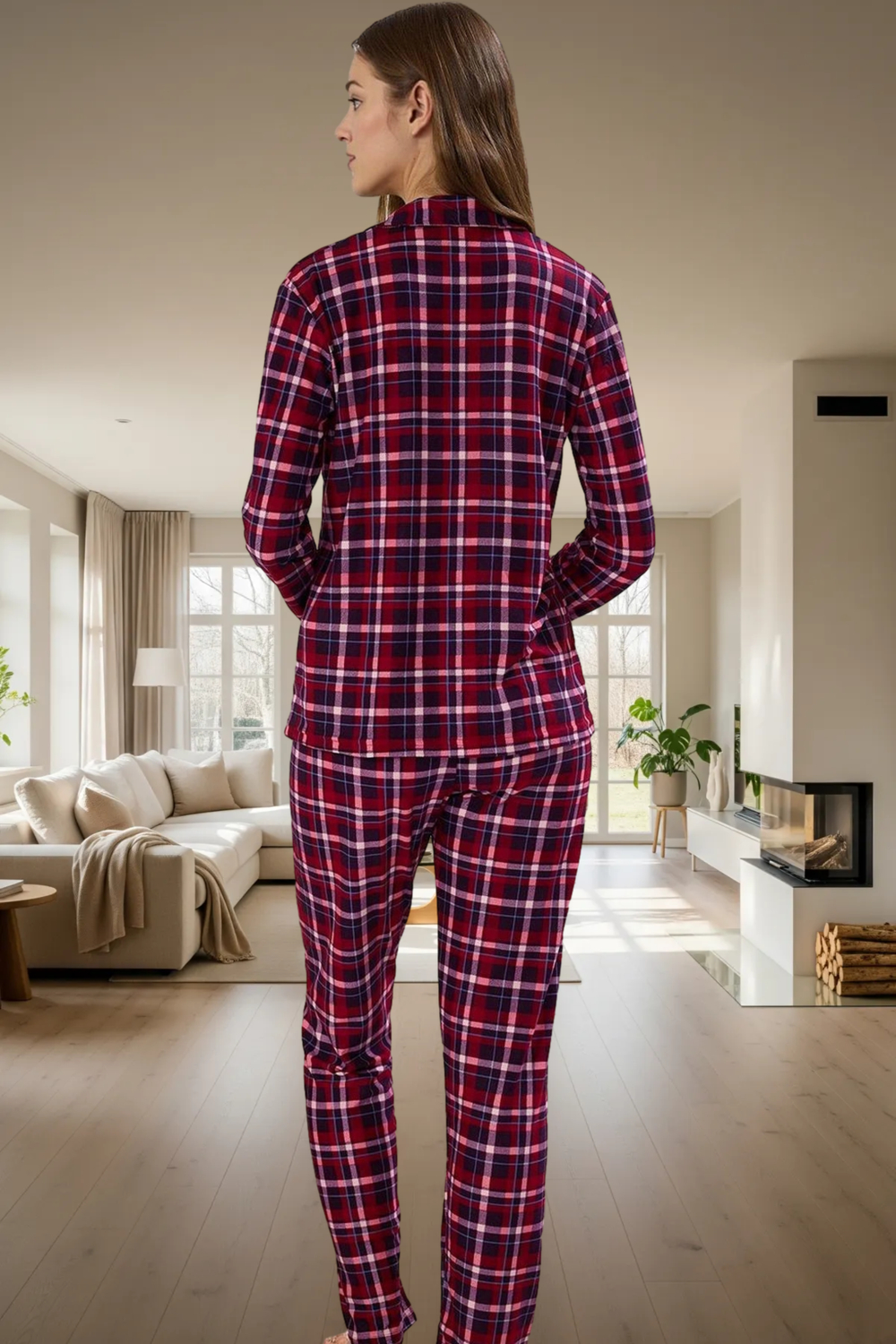 Kadin Kirmizi Ekose Pijama Takımı Gömlek Yaka Uzun Kollu Fonksiyonel Dayanıklı Kaliteli Şık