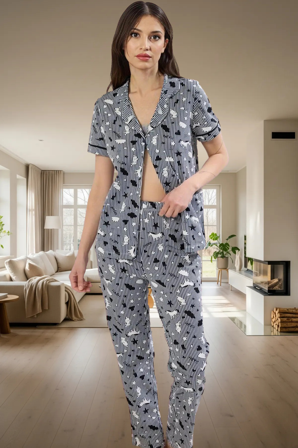 Baskılı Örme Pijama Takımı %100 Pamuk Regular Kalıp Rahat Uyku Şık Görünüm