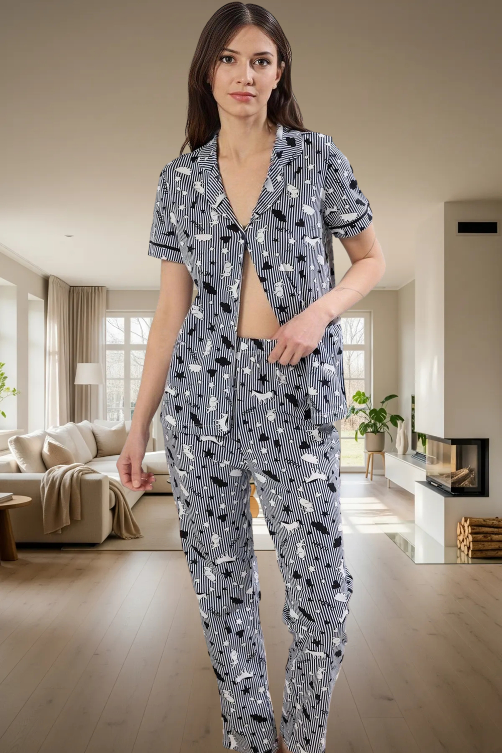 Baskılı Örme Pijama Takımı %100 Pamuk Regular Kalıp Rahat Uyku Şık Görünüm