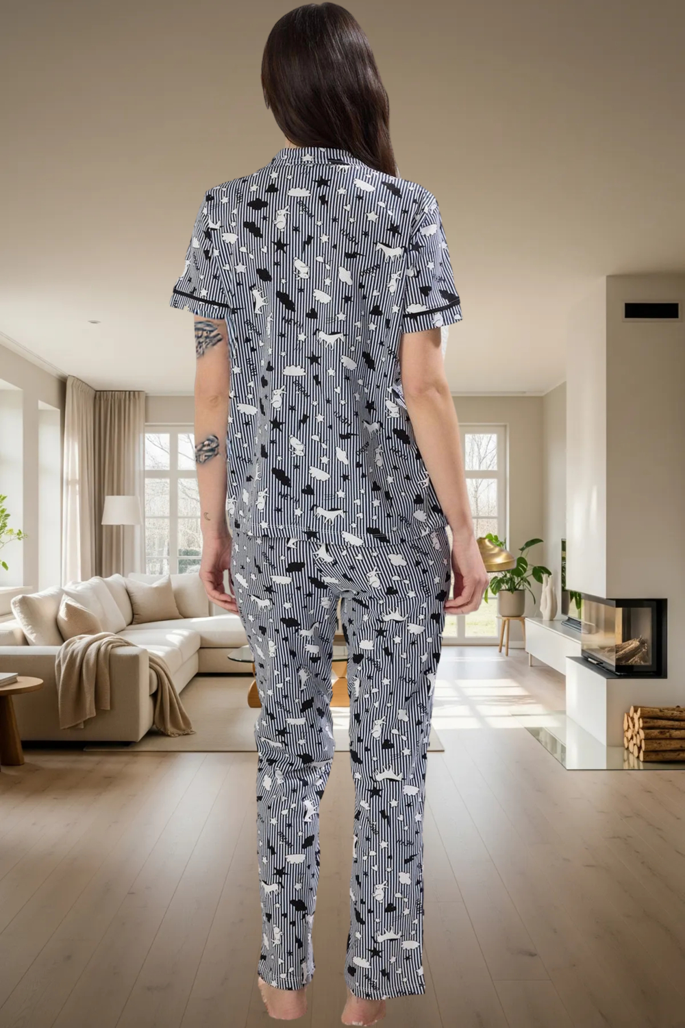 Baskılı Örme Pijama Takımı %100 Pamuk Regular Kalıp Rahat Uyku Şık Görünüm