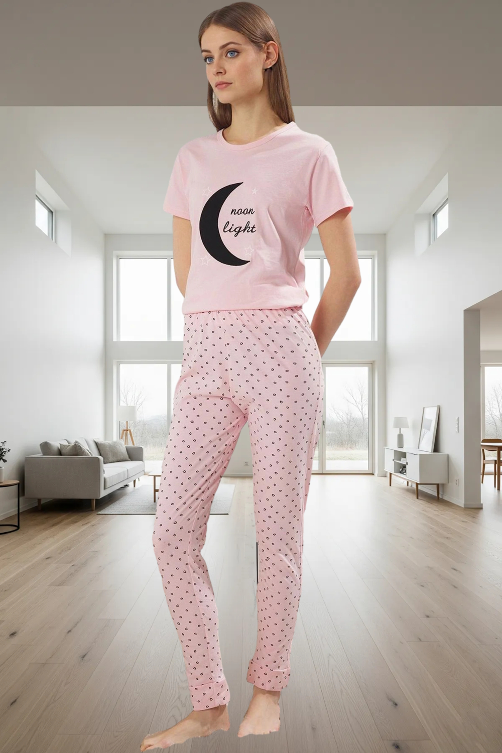 Rahat Ev Giyim Pijama Takımı; Galaksi Baskı Pamuklu 2'li Takım Trend Tasarım Mükemmel Uyum