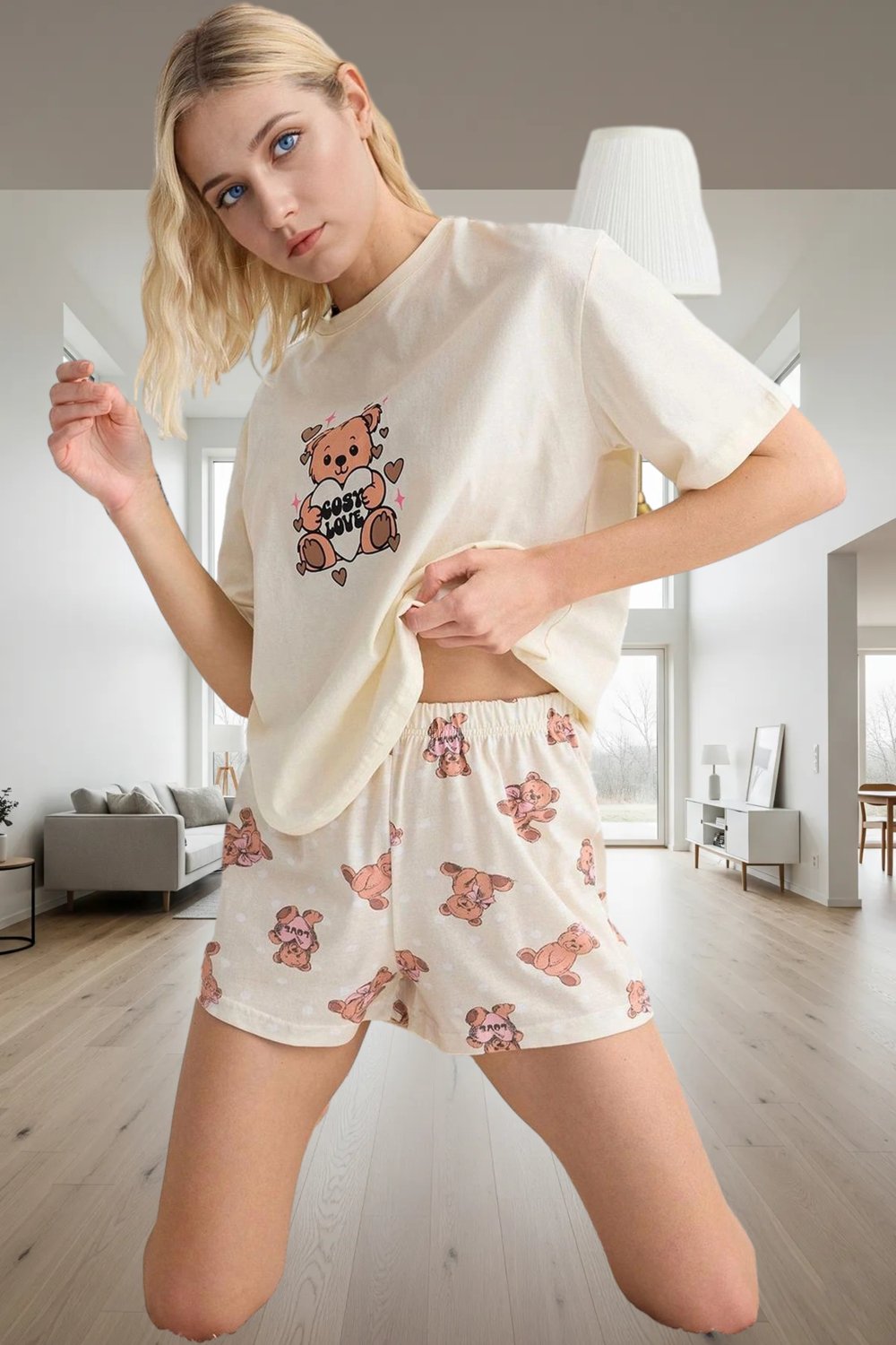 Ayıcıklı Desenli %100 Pamuk Pijama Takımı Uyku Bandı Şort Regular Kalıp Konforlu Kesim