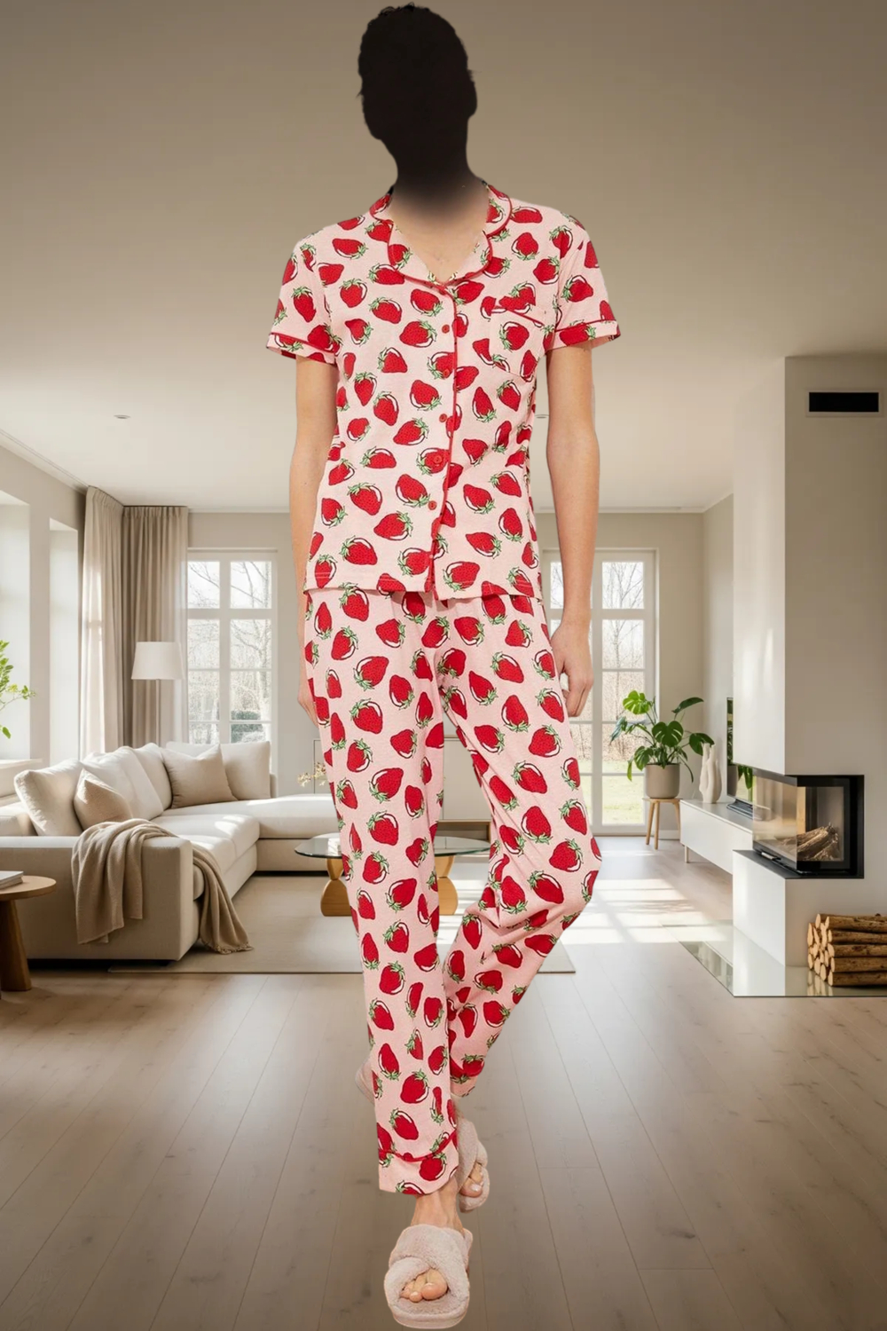 Evde Rahatlık İçin Pamuk Polyester Örme Pijama Takımı Çilek Desenli Konforlu Kesim