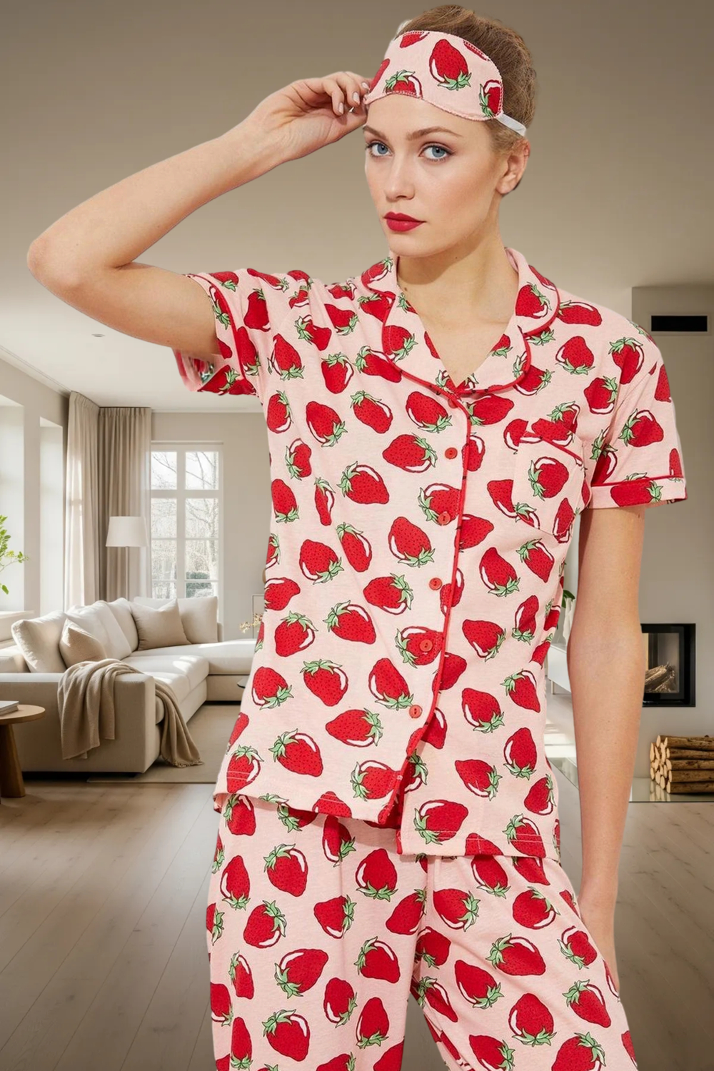 Evde Rahatlık İçin Pamuk Polyester Örme Pijama Takımı Çilek Desenli Konforlu Kesim