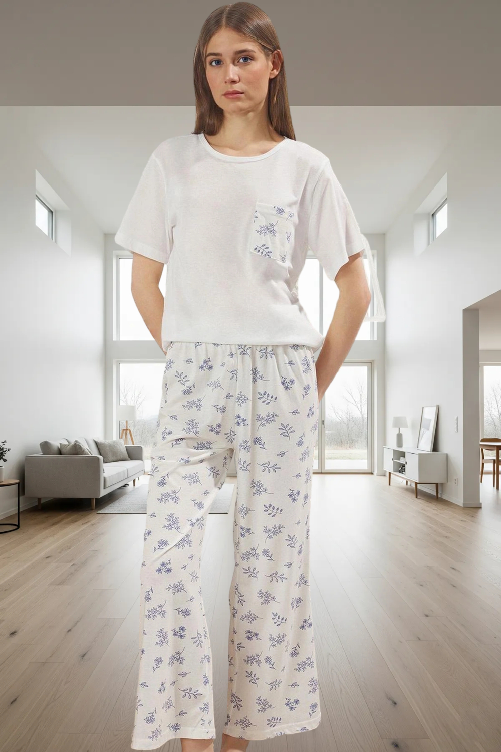 Pamuklu Hamile Pijama Takımı Çiçekli Desen Bisiklet Yaka Regular Kalıp Uzun Ömürlü Yüksek Kalite