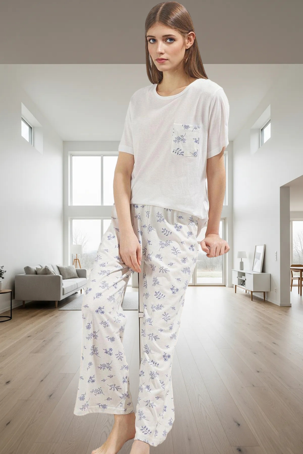 Pamuklu Hamile Pijama Takımı Çiçekli Desen Bisiklet Yaka Regular Kalıp Uzun Ömürlü Yüksek Kalite