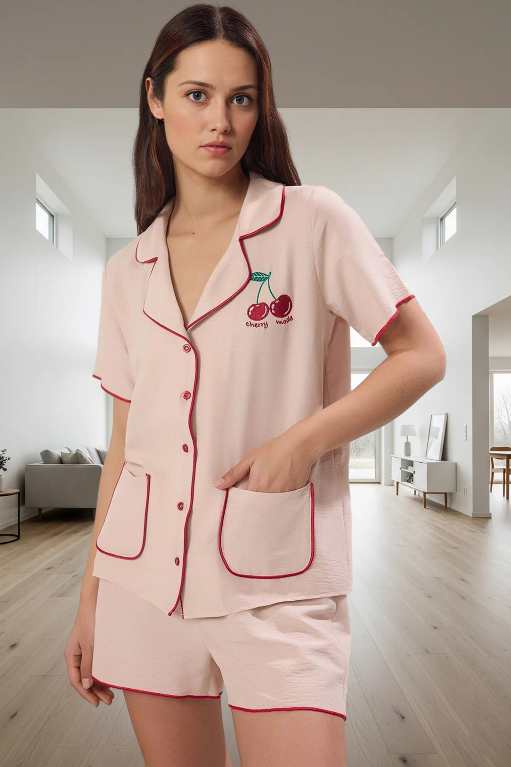 Rahat Saten Pijama Takımı Kiraz Nakış Detayı ile Şık Ev Giyim Seti Özenle Seçilmiş