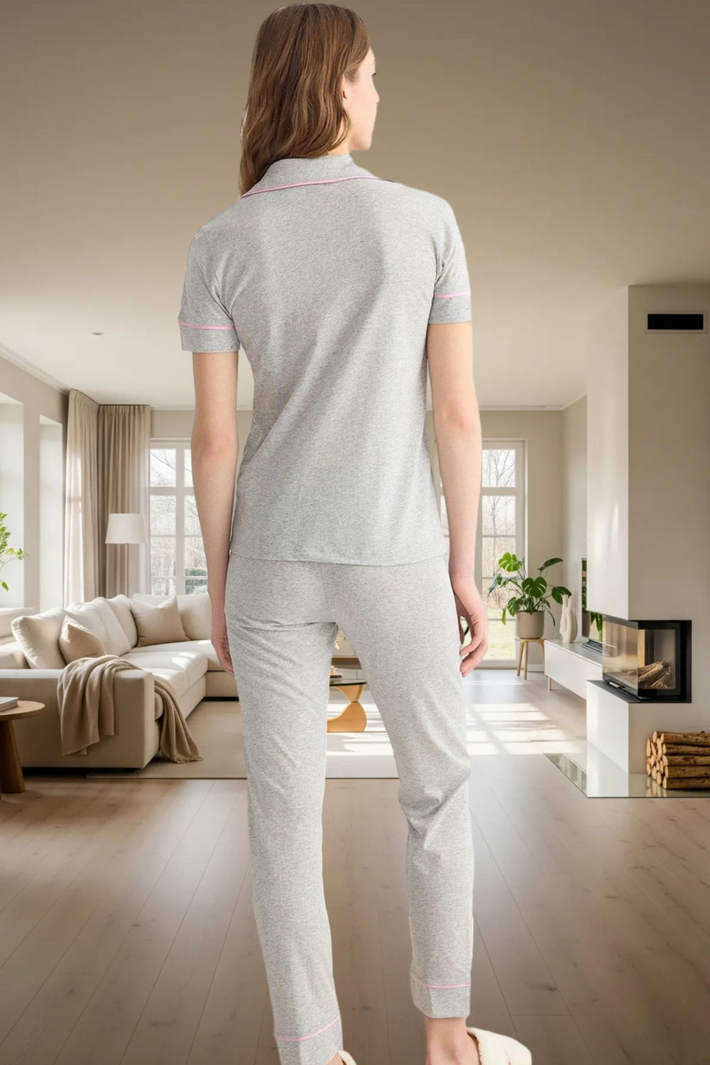 Kadın Kuzu Baskılı Gömlek Yaka Pijama Takımı Fonksiyonel Dayanıklı Kaliteli Konforlu Rahat