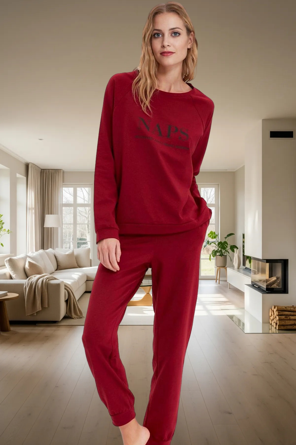 Tarz Rahat Uzun Kollu Lastikli Paça T-shirt-Jogger Örme Pijama Takımı