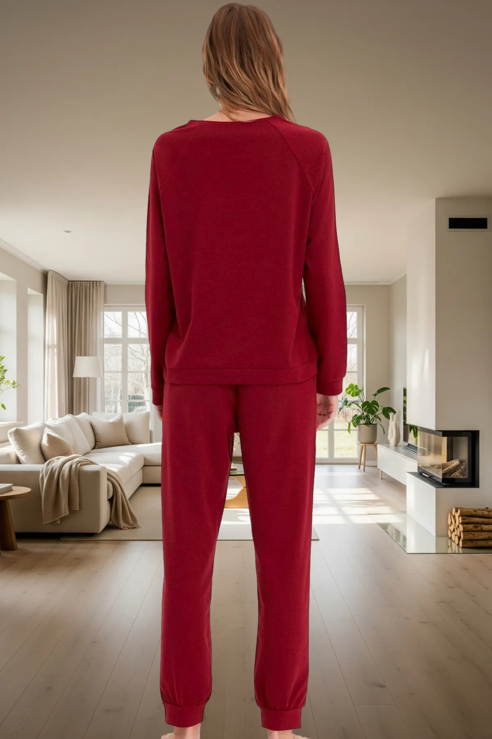 Tarz Rahat Uzun Kollu Lastikli Paça T-shirt-Jogger Örme Pijama Takımı
