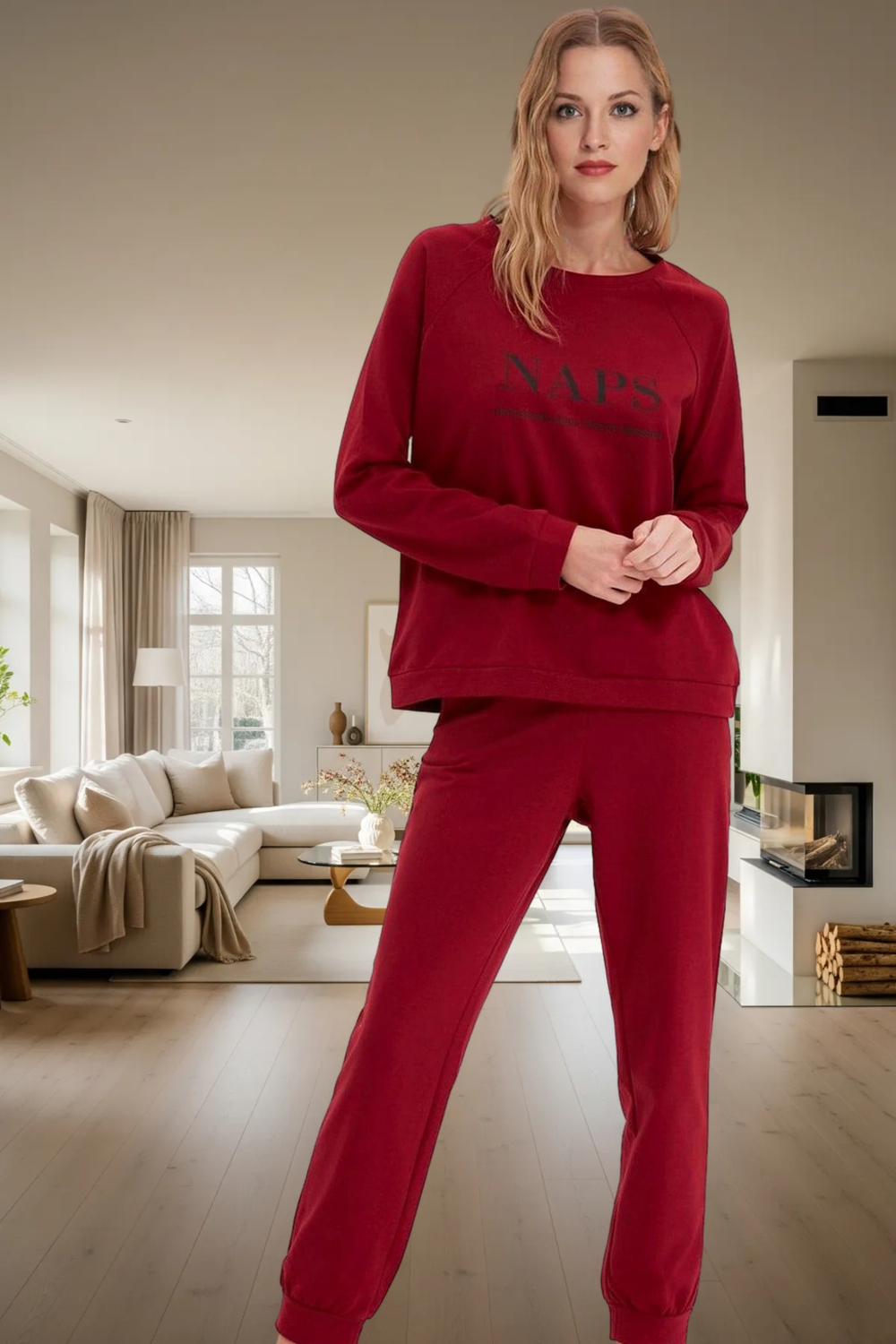 Tarz Rahat Uzun Kollu Lastikli Paça T-shirt-Jogger Örme Pijama Takımı