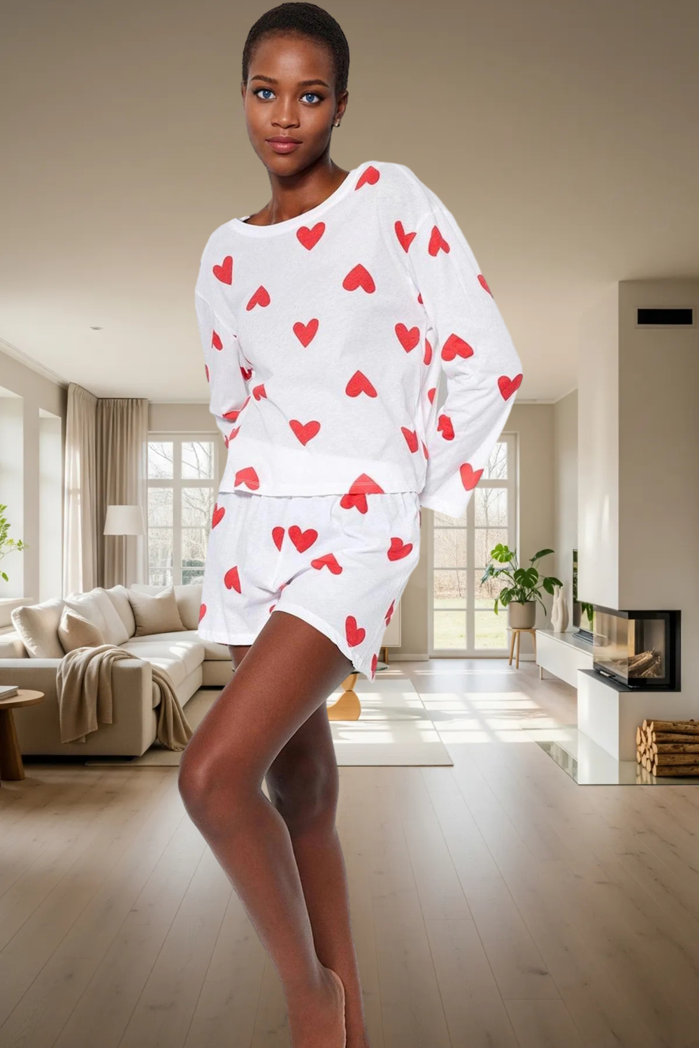 Pamuklu İpliği Boyalı Kalpli Pijama Takımı Rahat ve Şık Homewear Özel Tasarım