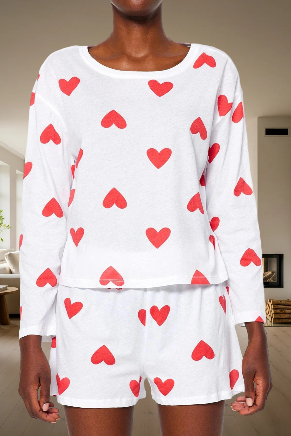 Pamuklu İpliği Boyalı Kalpli Pijama Takımı Rahat ve Şık Homewear Özel Tasarım