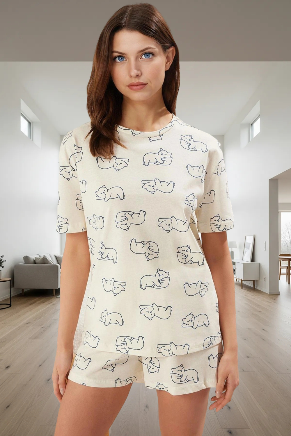 Yazlık %100 Pamuklu Kedili Pijama Takımı Rahatlık ve Şıklık Bir Arada Trend Tasarım Yüksek Kalite