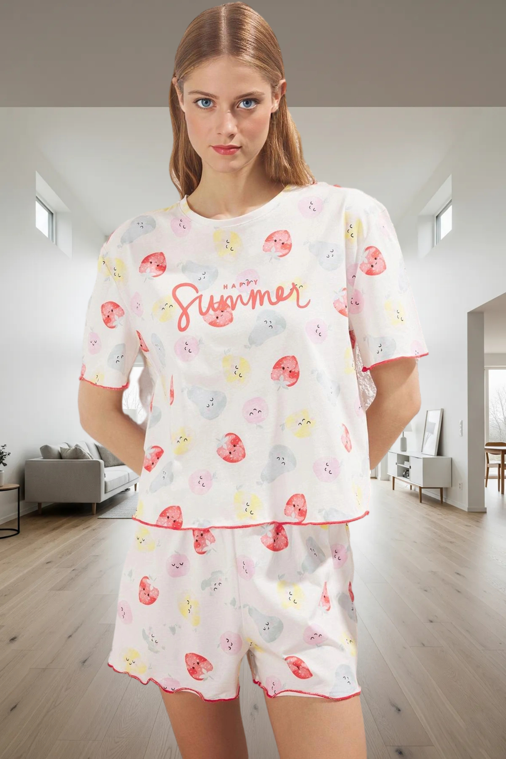 Kadın Sloganlı Puantiyeli Örme Pijama Takımı Fonksiyonel Dayanıklı Kaliteli Konforlu Rahat