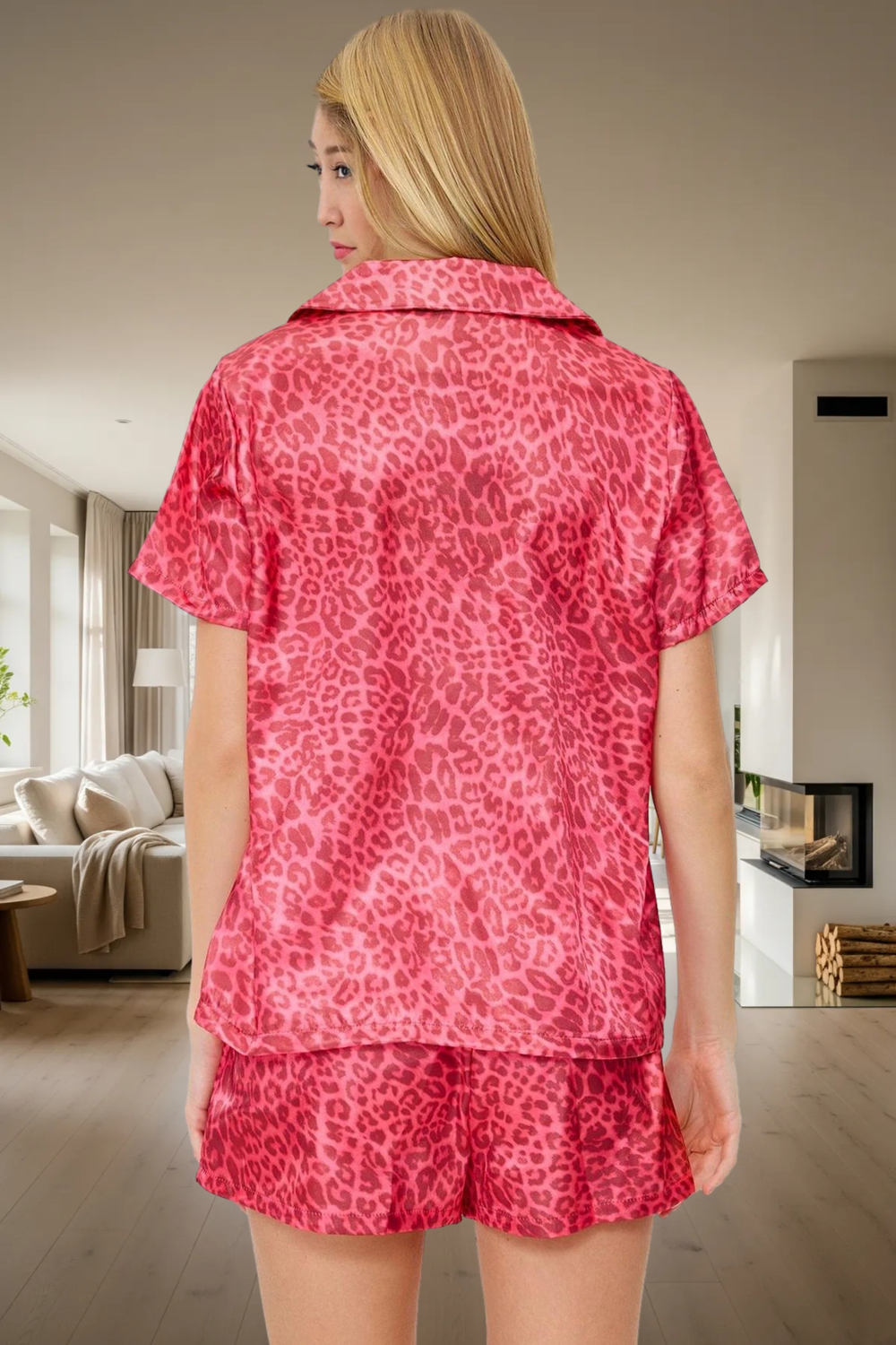 Rahat Yazlık Pijama Takımı Leopar Desenli Saten Şortlu Gömlek Premium Kalite Şık Görünüm