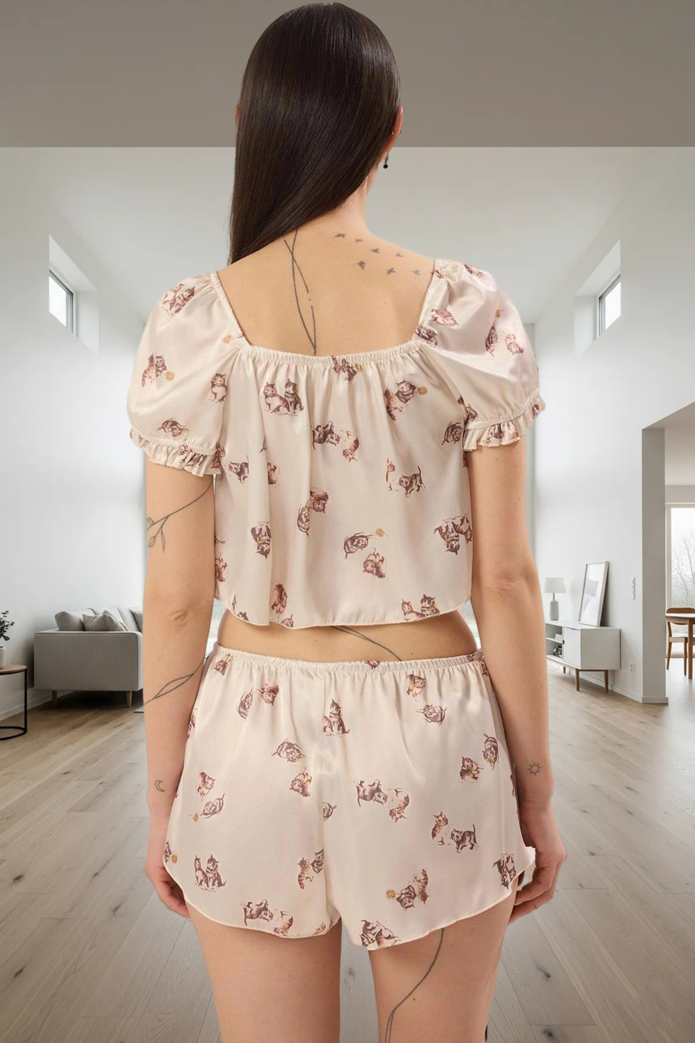 Ev Giyim Çok Kedili Desenli Saten Pijama Takımı Uzun Ömürlü Dayanıklı Malzeme Premium Kalite
