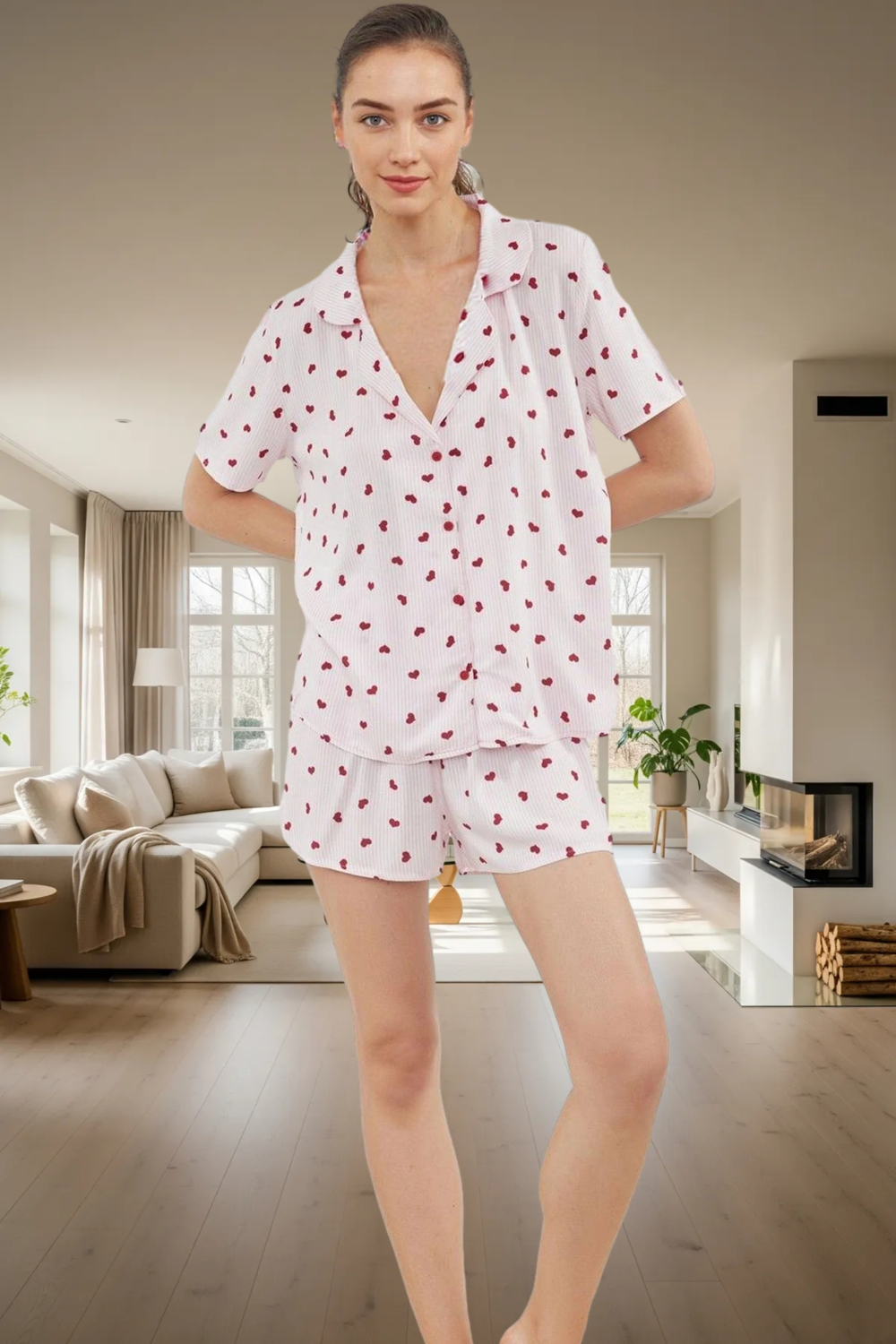 Şortlu Pijama Takımı Rahat Viskon Kumaş Kalpli Desenli Yazlık Dayanıklı Malzeme Trend Tasarım