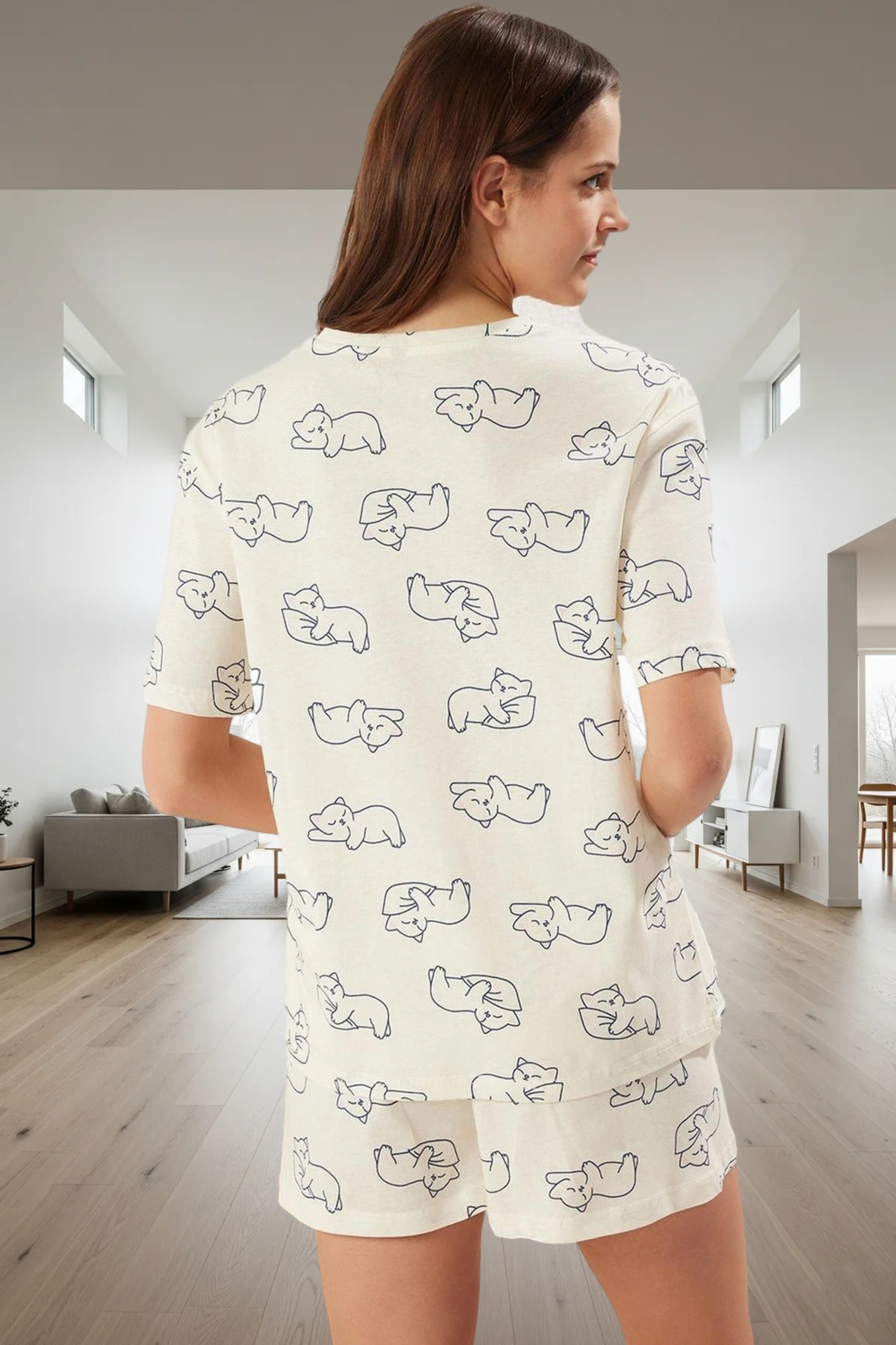 Yazlık %100 Pamuklu Kedili Pijama Takımı Rahatlık ve Şıklık Bir Arada Trend Tasarım Yüksek Kalite