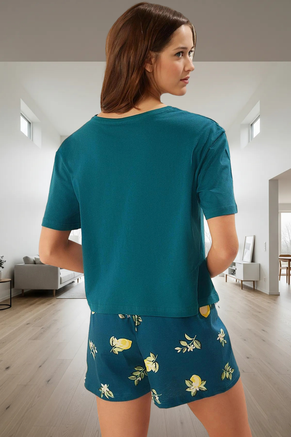 Rahat Pamuklu Pijama Takımı Limon Desenli Bisiklet Yaka Kısa Kollu Yüksek Kalite Mükemmel Uyum