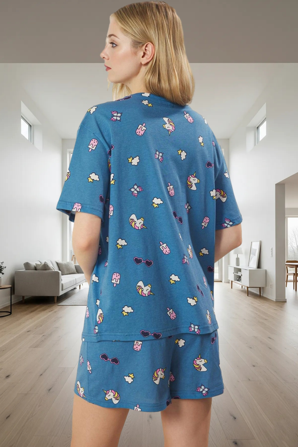 Pamuklu Unicorn Desenli Rahat Pijama Takımı Yazlık Kısa Kollu Regular Kalıp Mükemmel Uyum