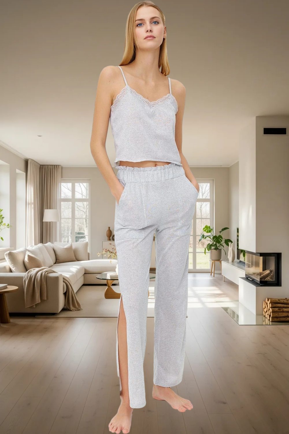 Rahat Kesim Melanj Pijama Takımı Pamuk Polyester V Yaka Uzun Paça Ve Şık