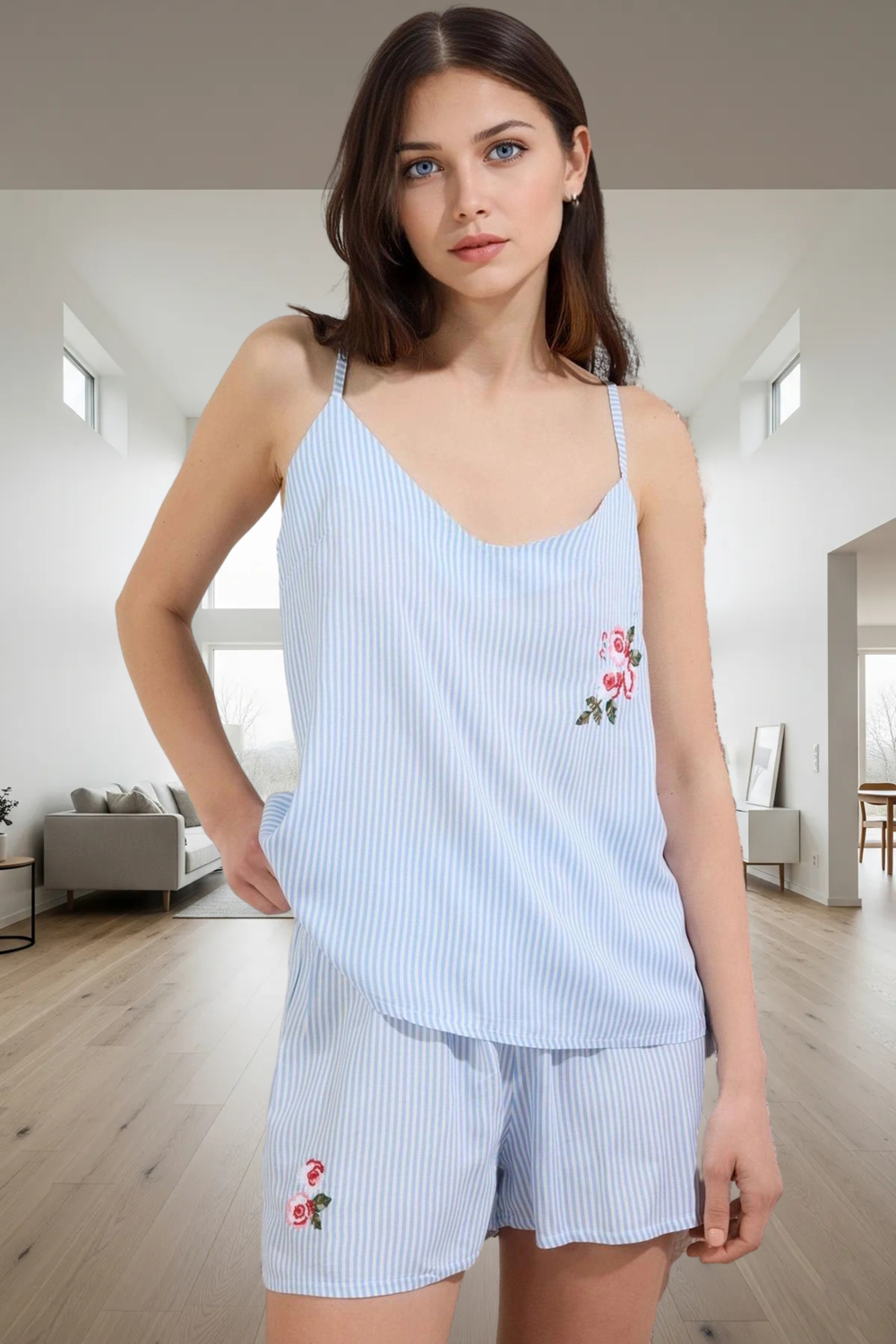 Viskon Pijama Takımı Çizgili V Yaka Nakış Detaylı Rahat Kalıp Modern Stil