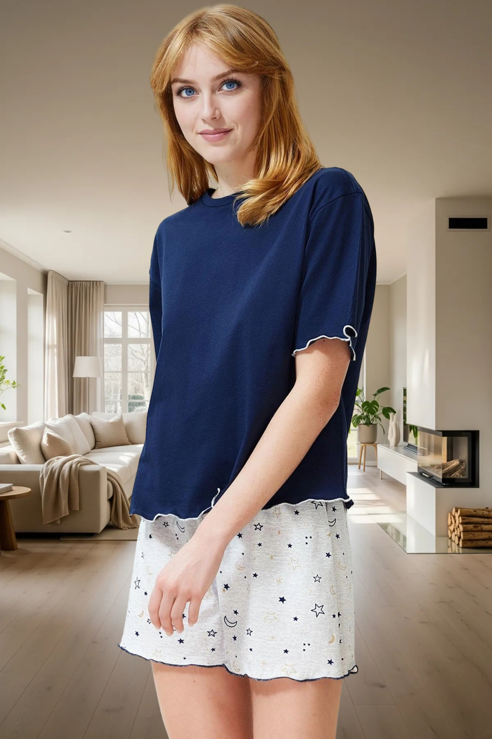 Rahatlığıyla Büyüleyecek Pijama Takımı Galaksi Desenli Pamuk Polyester Rahat Ve Şık